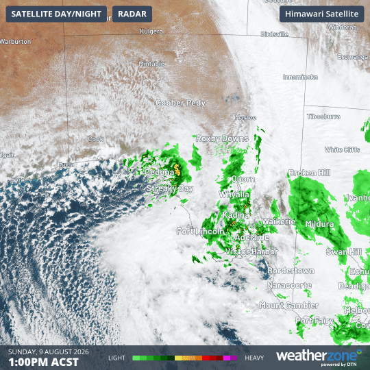 Combined satellite and radar loop for South Australia and nearby areas for the six hours to 7 pm (ACST) on Sunday, August 9, 2026.
