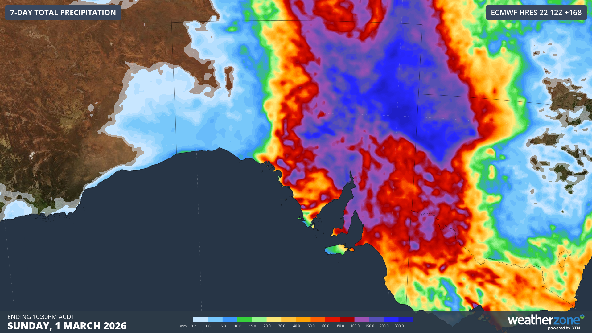 Predicted South Australian rainfall accumulation up until Sunday, March 1, 2026, according to the ECMWF model.