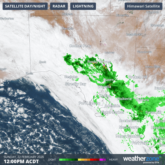 Eight-hour combined radar and satellite loop showing rain in outback SA sliding into Victoria and NSW on Sunday, February 22, 2026.
