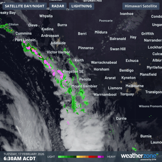 Combined 4-hour radar and satellite loop for SE Australia early on the morning of Tuesday, February 17, 2026.