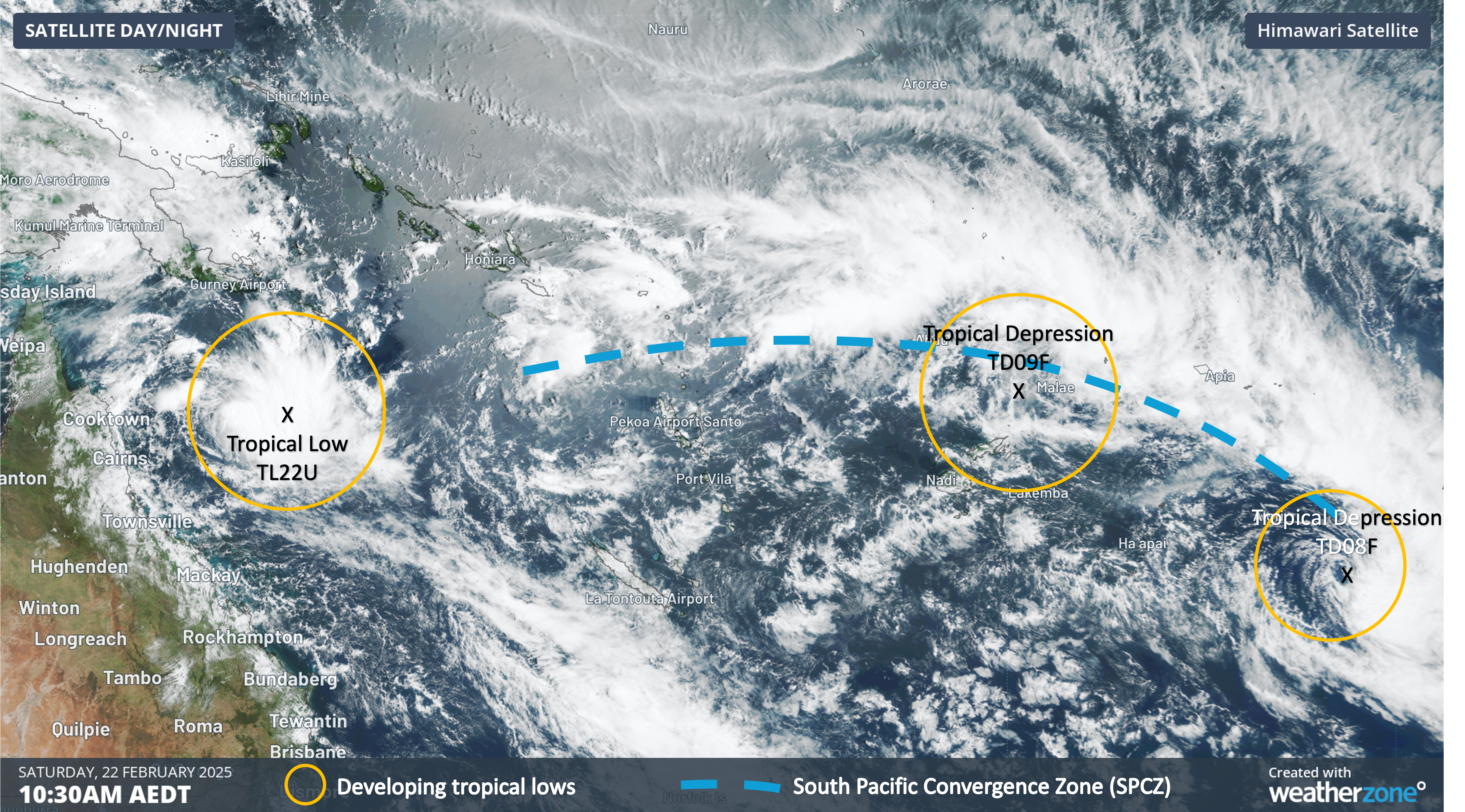 Image: Annotated satellite image on Saturday, February 22, showing the South Pacific Convergence Zone (SPCZ) and three tropical systems of interest over the Coral Sea and Pacific Ocean.