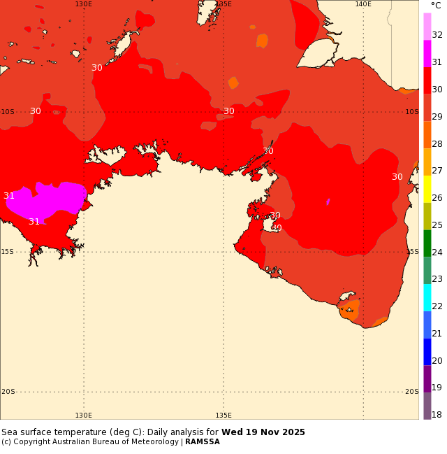 Sea surface temperatures in NT waters on November 19, 2025. Source: BoM.