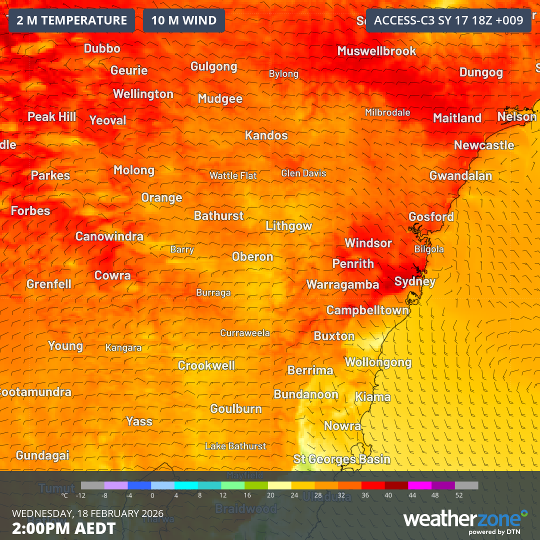 Image: Temperatures and wind speed and direction near ground level in NSW as the cool change approaches the Sydney region.