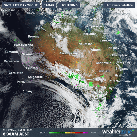 Four-hour combined satellite and radar loop from 8:30am to 12:30pm (AEST) on April 9, 2026. Source: Weatherzone.