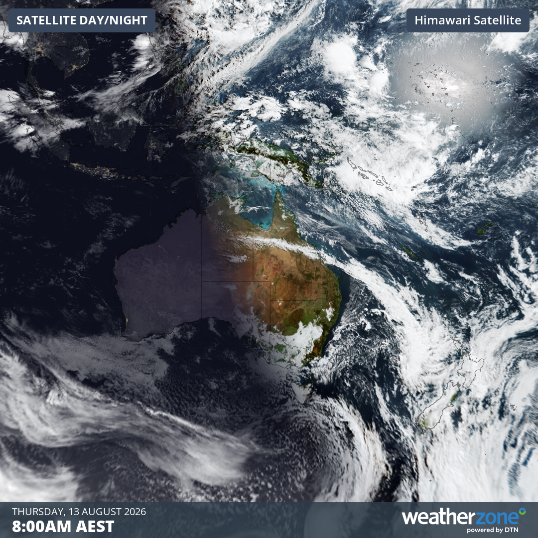 Image: The vast arc of the cloudband clearly visible over NE Australia at 8 am (AEST) on Thursday, August 13, 2026. Source: Weatherzone.