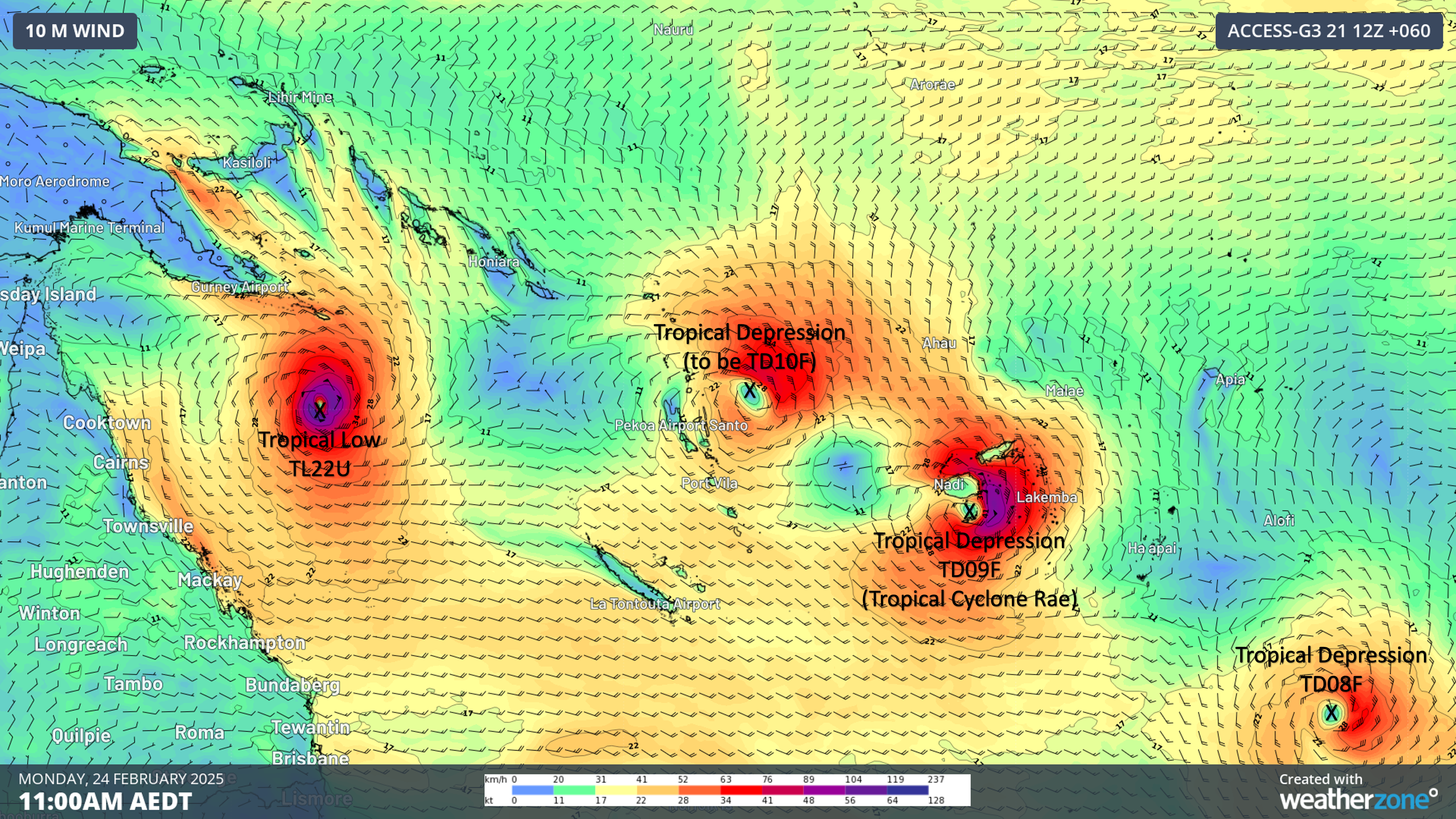 Image: Modelled winds across the Coral Sea and western South Pacific on Monday, February 24, showing a number of tropical systems across the region.