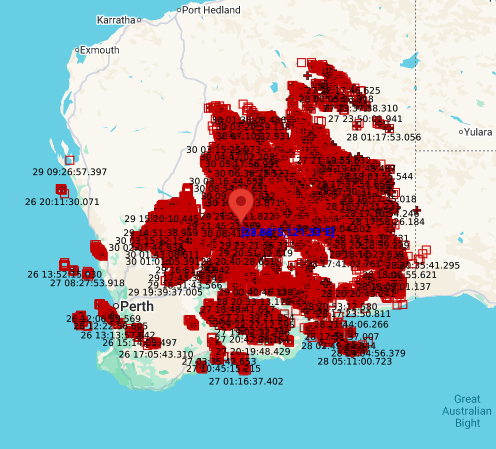 Weatherzone’s Total Lightning Network detected nearly 300,000 lightning strikes across WA between Wednesday and Sunday, August 26-30, 2026. Source: Weatherzone.