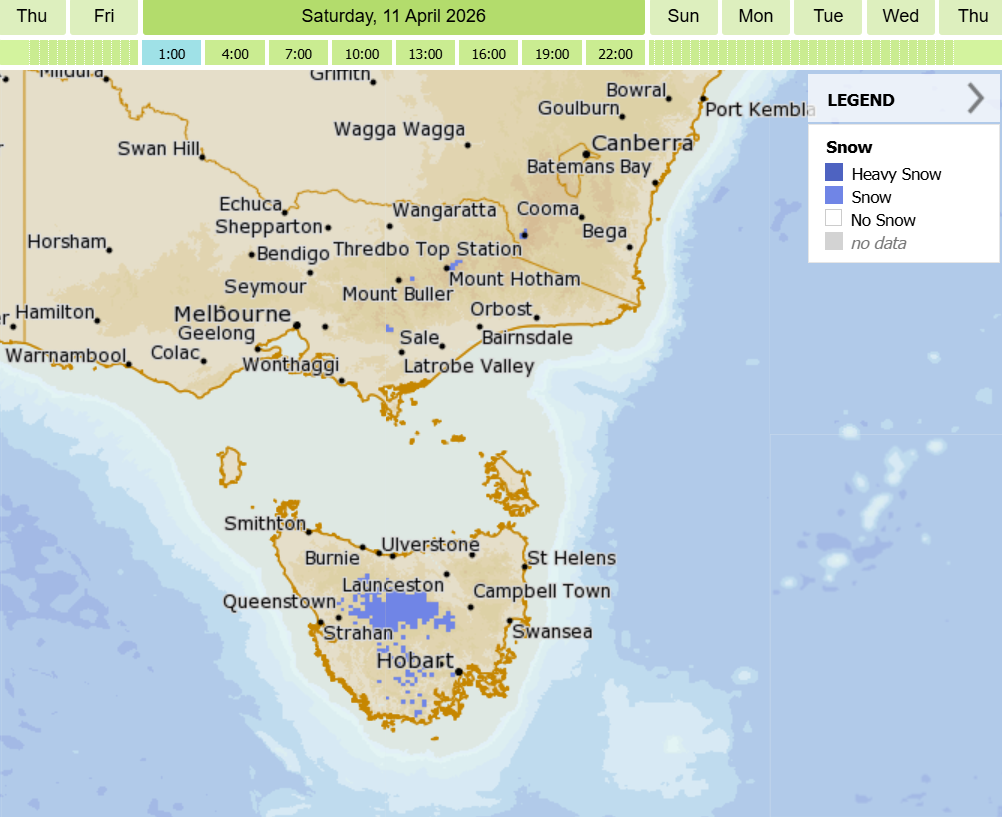 Snow forecast for Tasmania and the SE mainland at 1am on Saturday, April 11, 2026. Source: BoM.