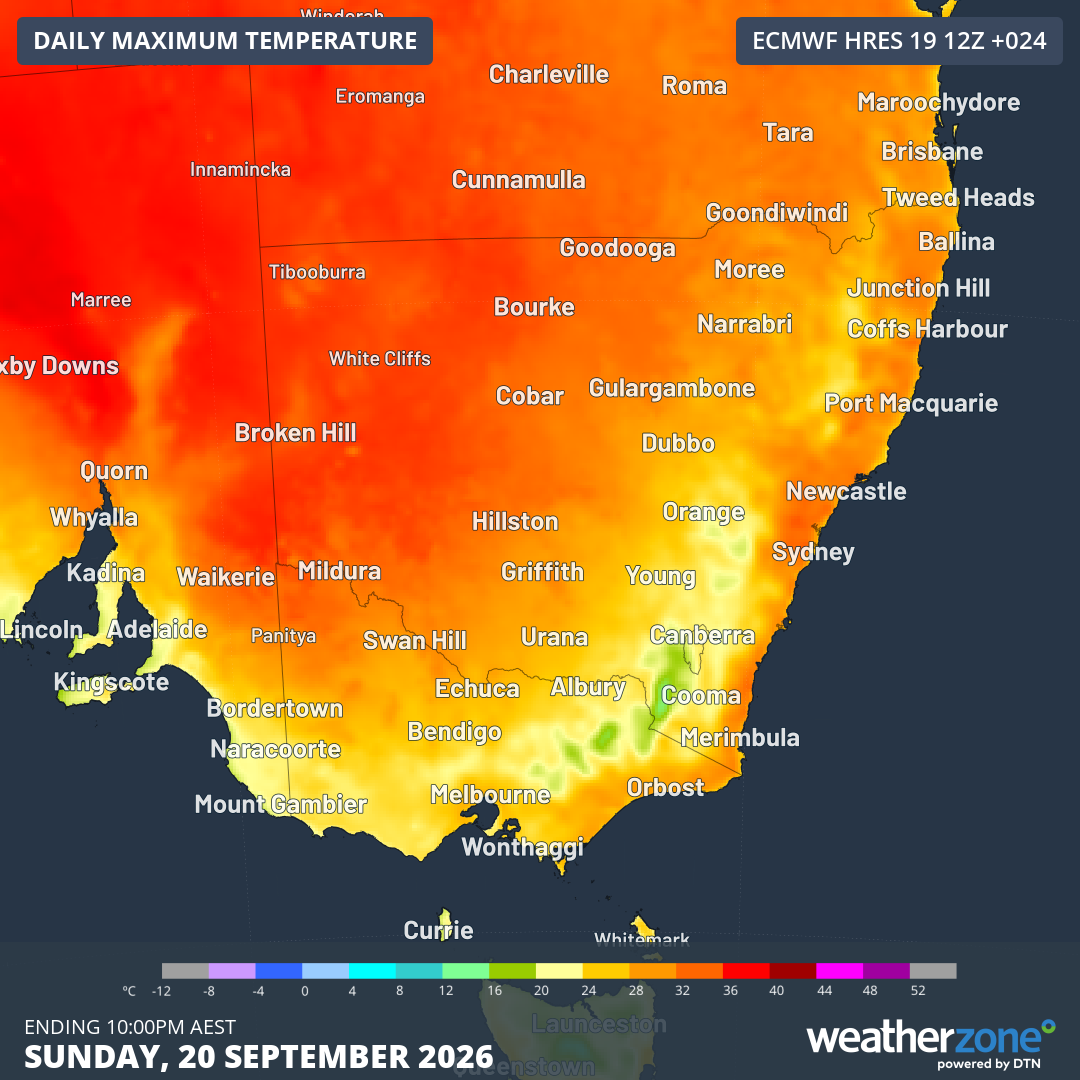 Forecast maximum temperatures across southeastern Australia on Sunday, September 20, 2026. Source: Weatherzone.