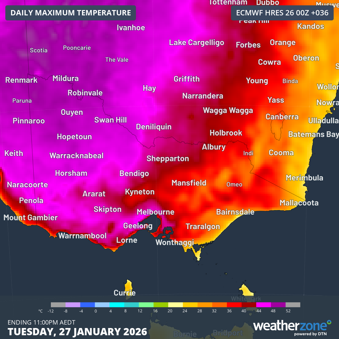 Forecast Victorian maximums for Tuesday, January 27, according to the ECMWF model.