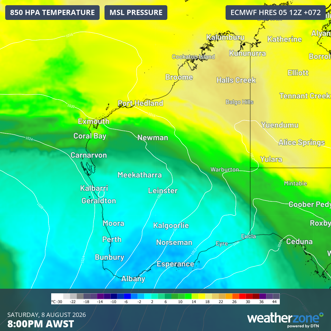Forecast 850 hPa temperatures and mean sea level pressure for WA at 8 pm on Saturday, August 8, 2026, illustrating the cold air streaming in from the southwest. Source: Weatherzone.