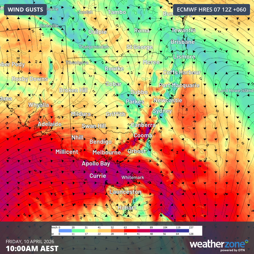 Predicted maximum wind gusts 10m above ground level for SE Australia at 10am on Friday, April 10, 2026, according to the ECMWF model. Source Weatherzone.