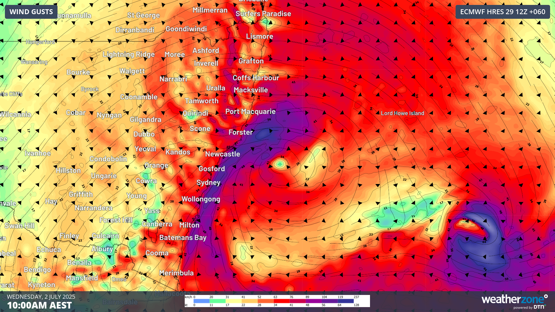 Forecast 10 metre wind gusts at 10am on Wednesday, July 2, 2025.