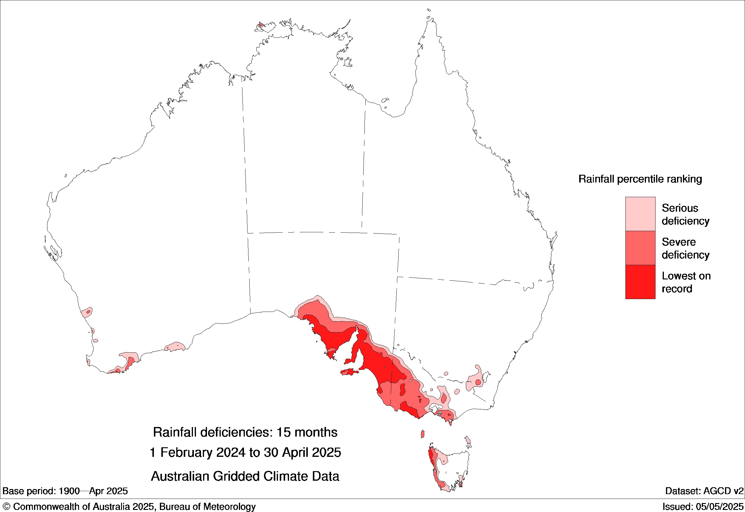 Image: Lowest on record rainfall deficiencies across much of South Australia’s agricultural belt and western Victoria from February 2024 to April 2025. Source: BoM.
