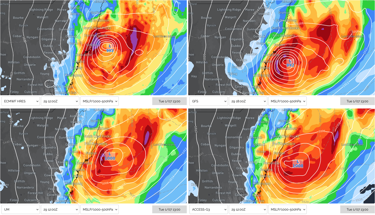 MSLP and 24-hour rainfall accumulation at 1pm on Tuesday, July 1, 2025, according to ECMWF (top left), GFS (top right), UKMO (bottom left) and ACCESS-G (bottom right).