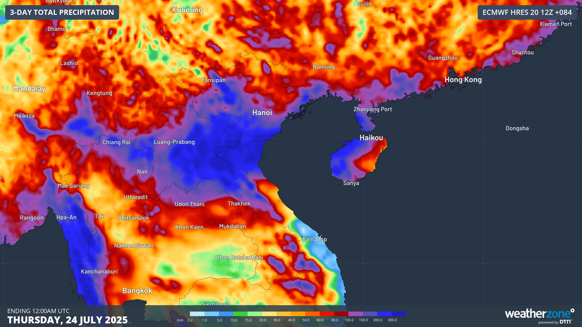 Accumulated 3-day rainfall across mainland southeast Asia to Thursday evening, July 24, 2025.