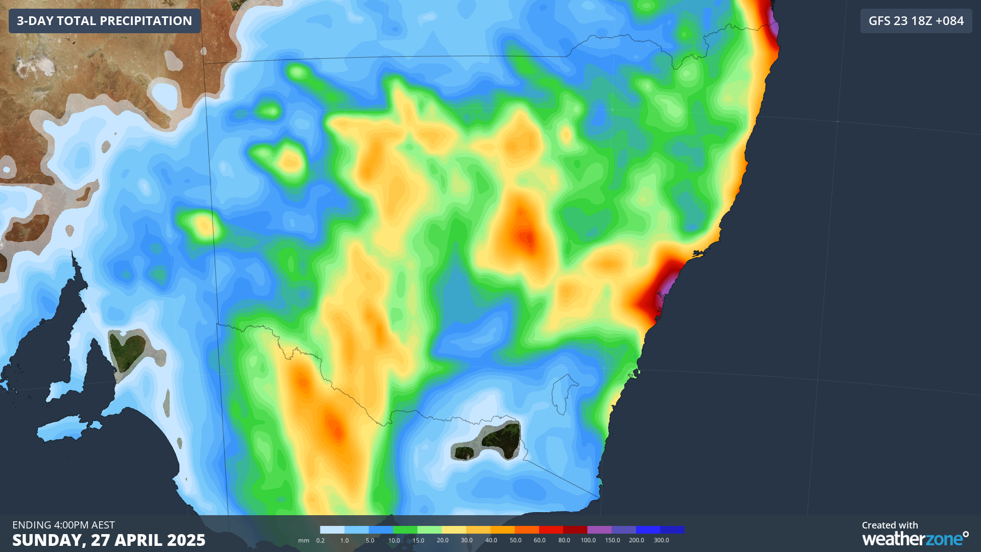 Image: Accumulated rainfall to 4pm on Sunday, 27 April over NSW.