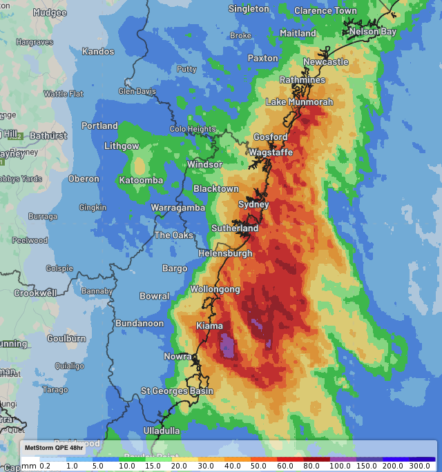 DTN Quantitative Precipitation Estimate (QPE) showing widespread rainfall accumulations of 40-80mm across the greatermetropolitan region on Saturday and Sunday, August 9-10, 2025.