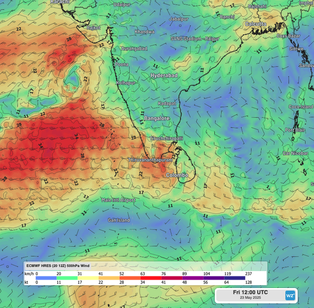 Image: 500hPa winds on Friday, May 23 showing surge of westerly winds crossing into southern India.