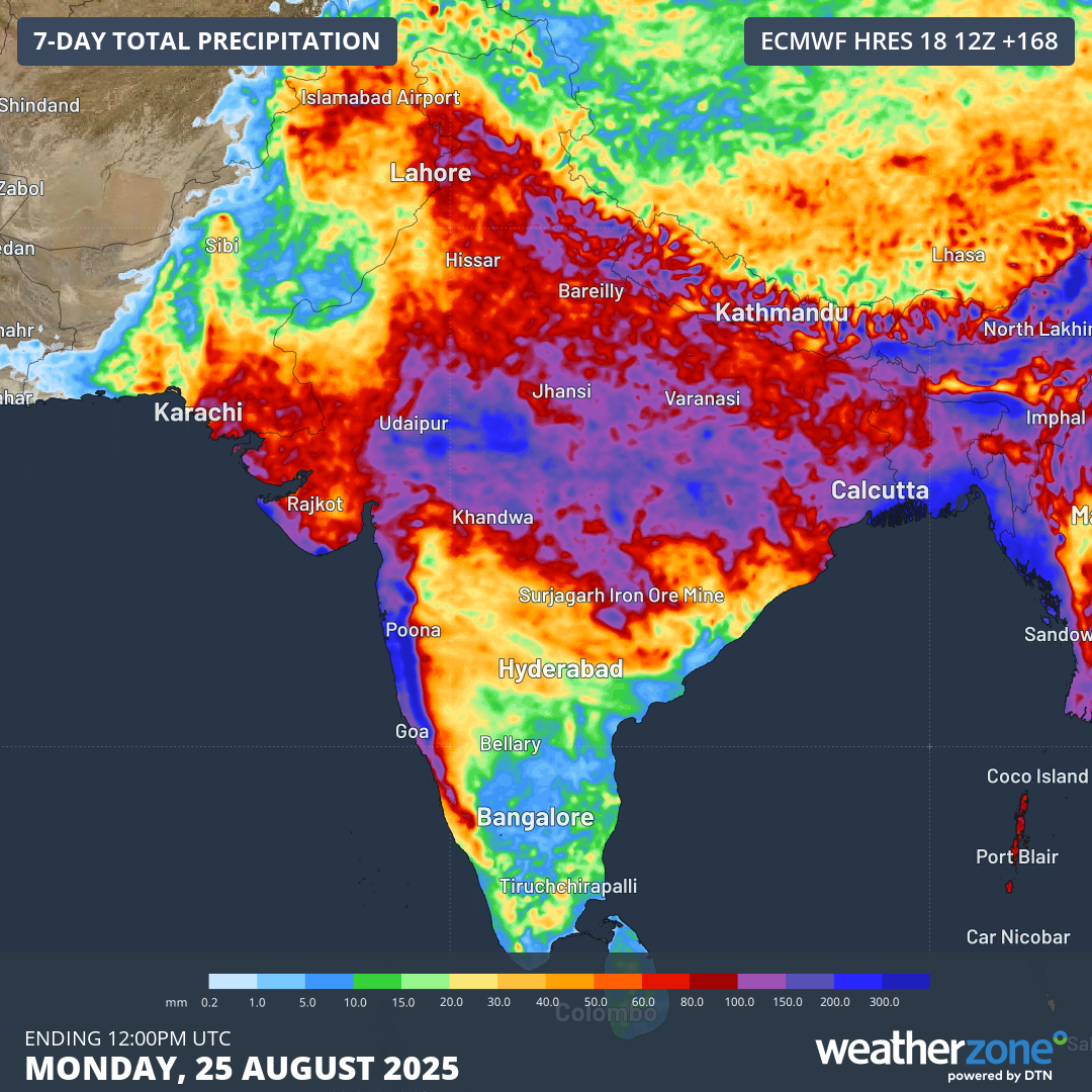 Forecast rainfall accumulations over the next 7-days across the Indian sub-continent.