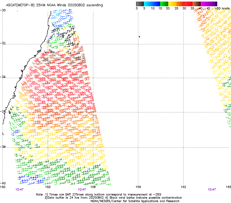 ASCAT satellite imagery showing a broad area of gales directed into eastern NSW on Saturday evening, August 2, 2025. Source: NOAA