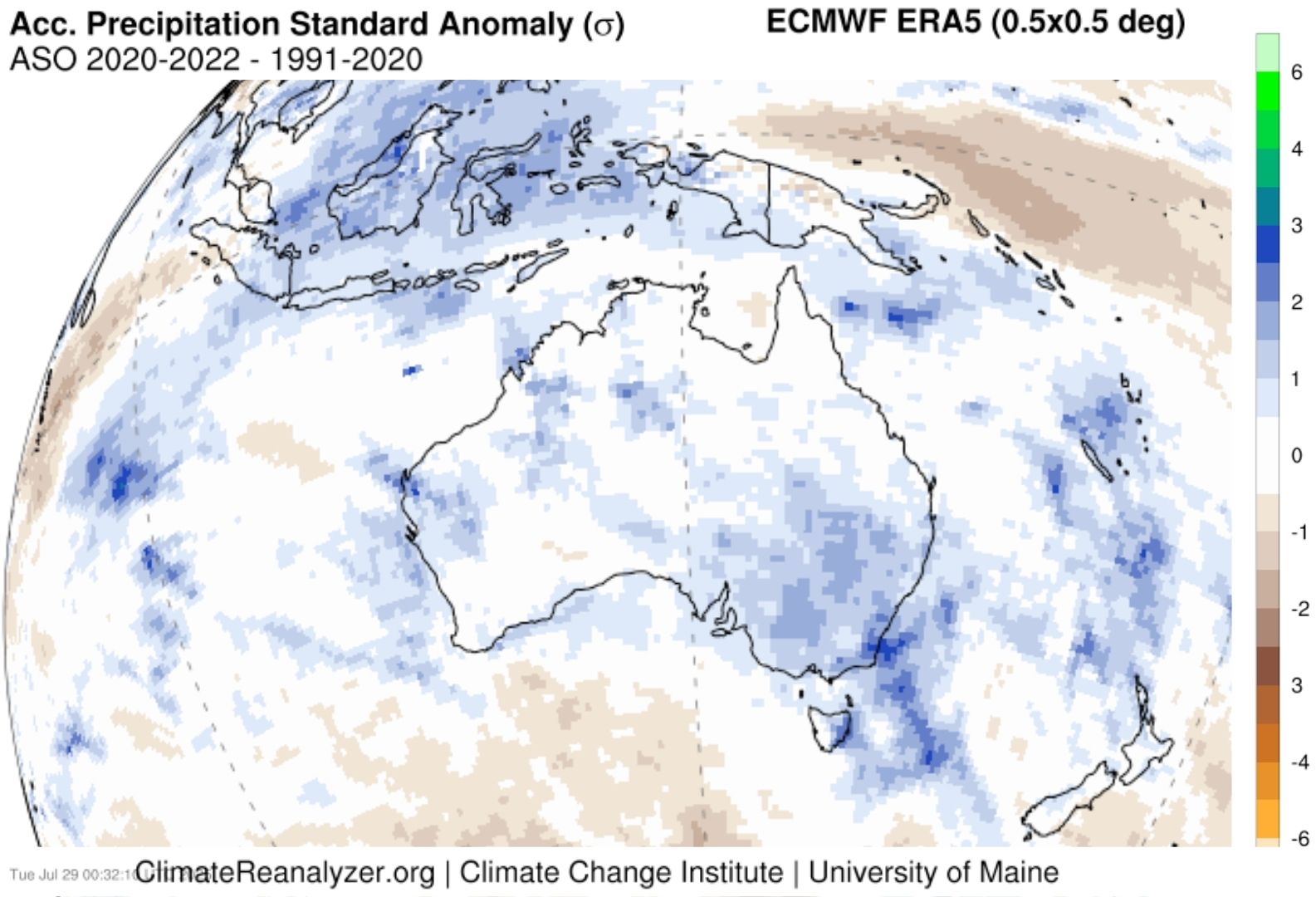 Averaged accumulated precipitation anomaly across August, September and August during 2020, 2021 and 2022. Source: ClimateReanalyzer.org