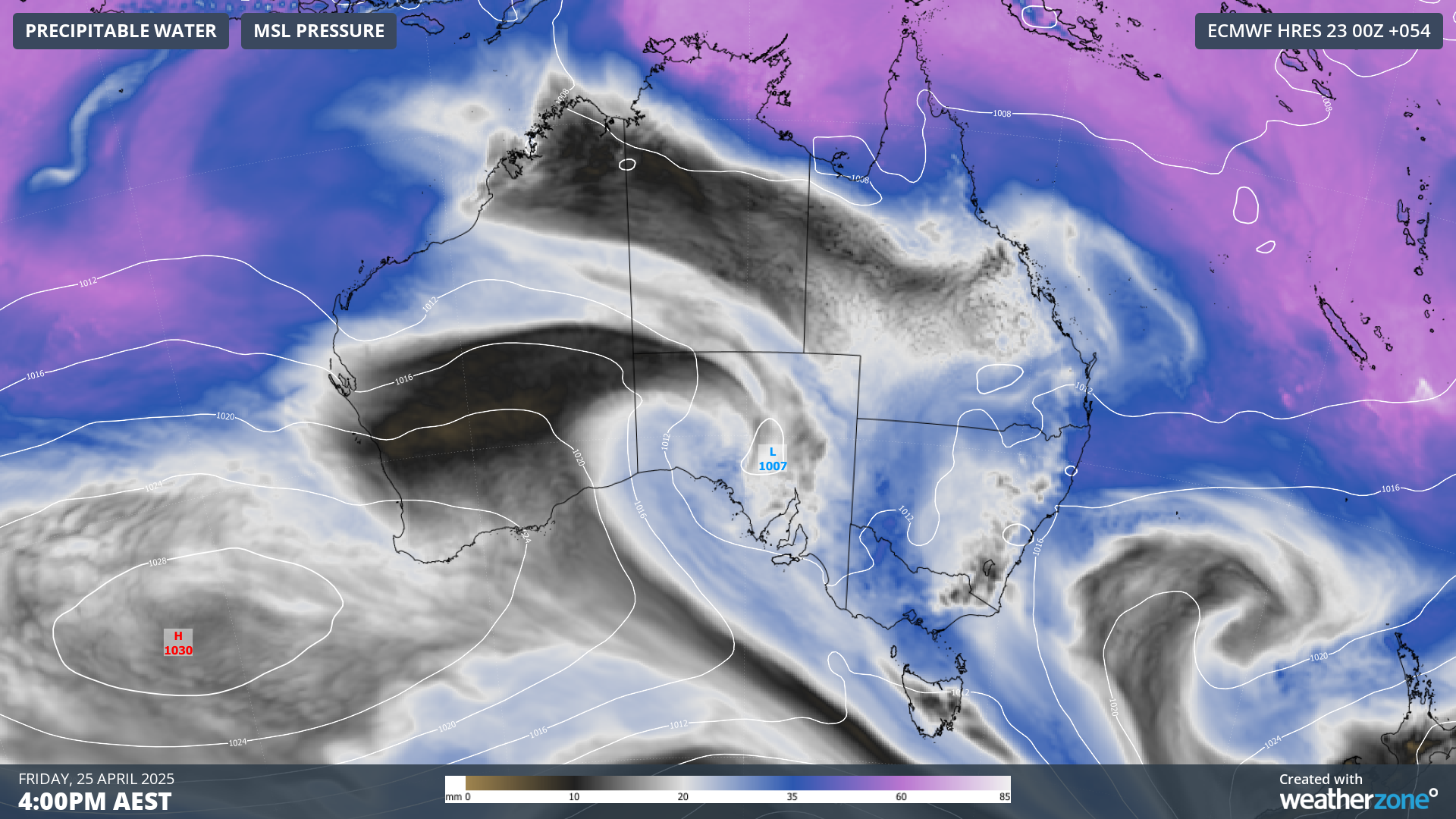 Image: Precipitable water and mean sea level pressure on Friday, 25 April afternoon.
