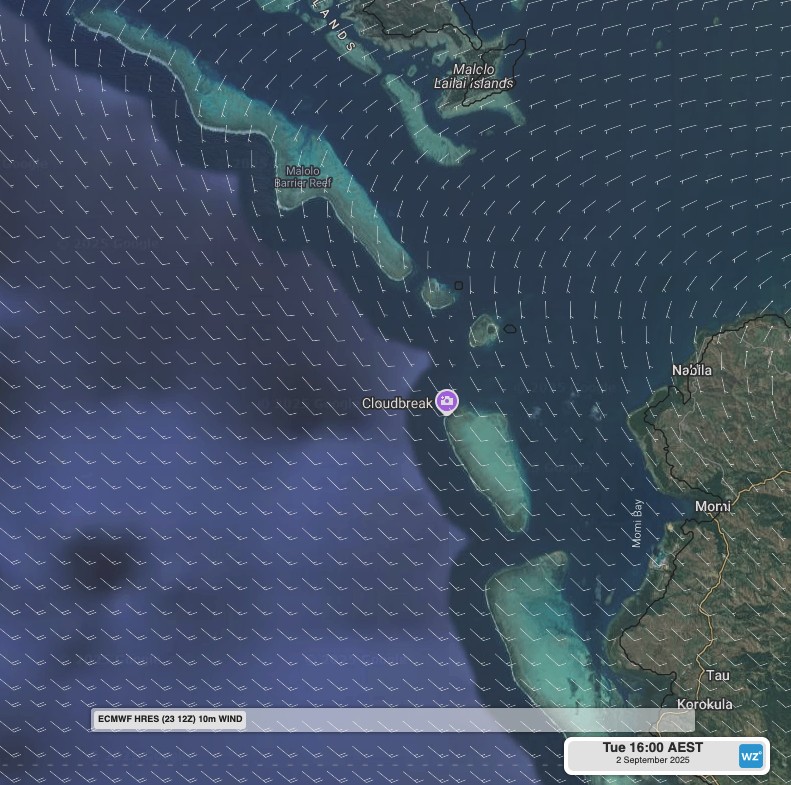 Wind barbs showing fresh southeasterly winds on Tuesday afternoon, September 2, 2025, the location of Cloudbreak is shown on the outer barrier reef.