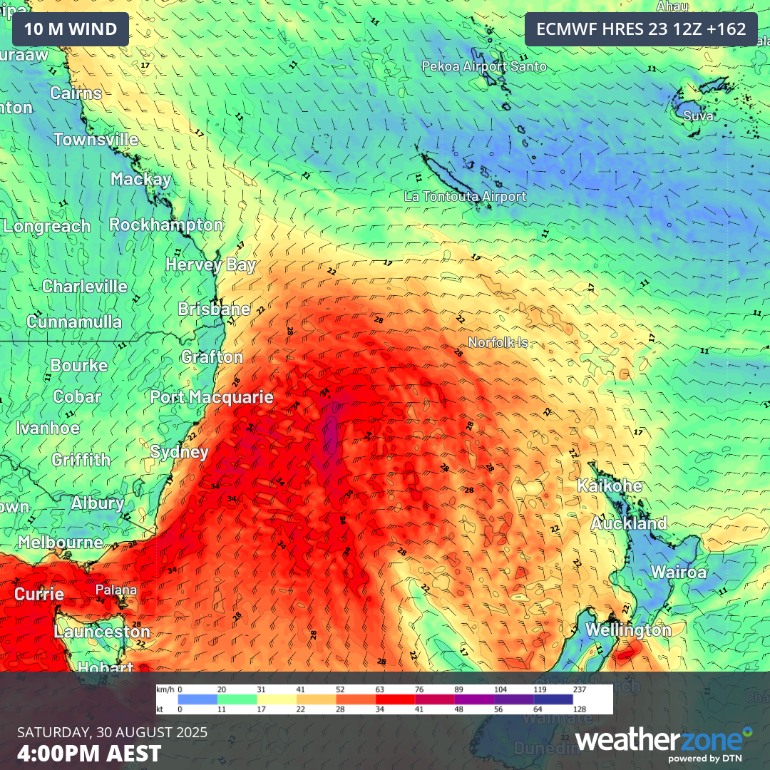 Gales force winds (red shading) blowing across the Tasman Sea on Saturday, August 30, 2025.