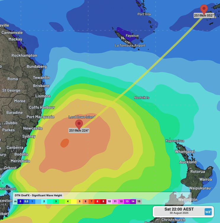 Large seas across the Tasman Sea on Saturday, August 30, 2025.