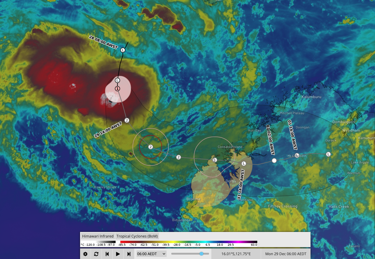Forecast track for Tropical Cyclone Hayley as seen on the Weatherzone Layers page. Source: Weatherzone.