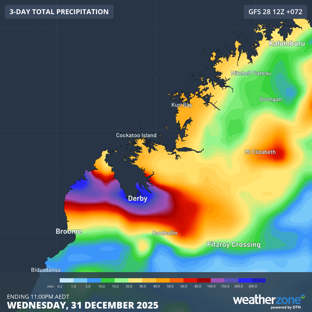 Forecast 3-day rainfall accumulations according to the GFS computer model. Source: Weatherzone.