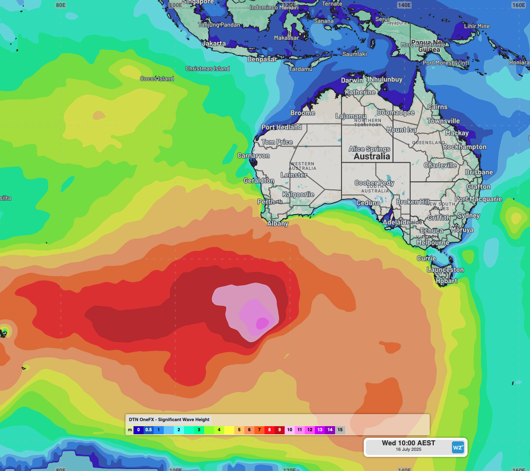 OneFX significant wave heights to the south of Australia at 10am on Wednesday, July 16, 2025.