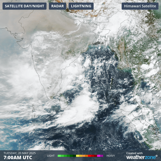 Image: Satellite loop on Tuesday, May 20, showing monsoonal flow over the Bay of Bengal, with thunderstorm activity over parts of India in the monsoon build up.