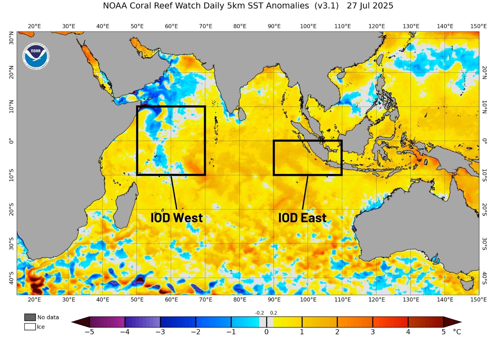 Sea surface temperature anomalies across the Indian Ocean and the IOD monitoring regions on July 27, 2025. Source: NOAA