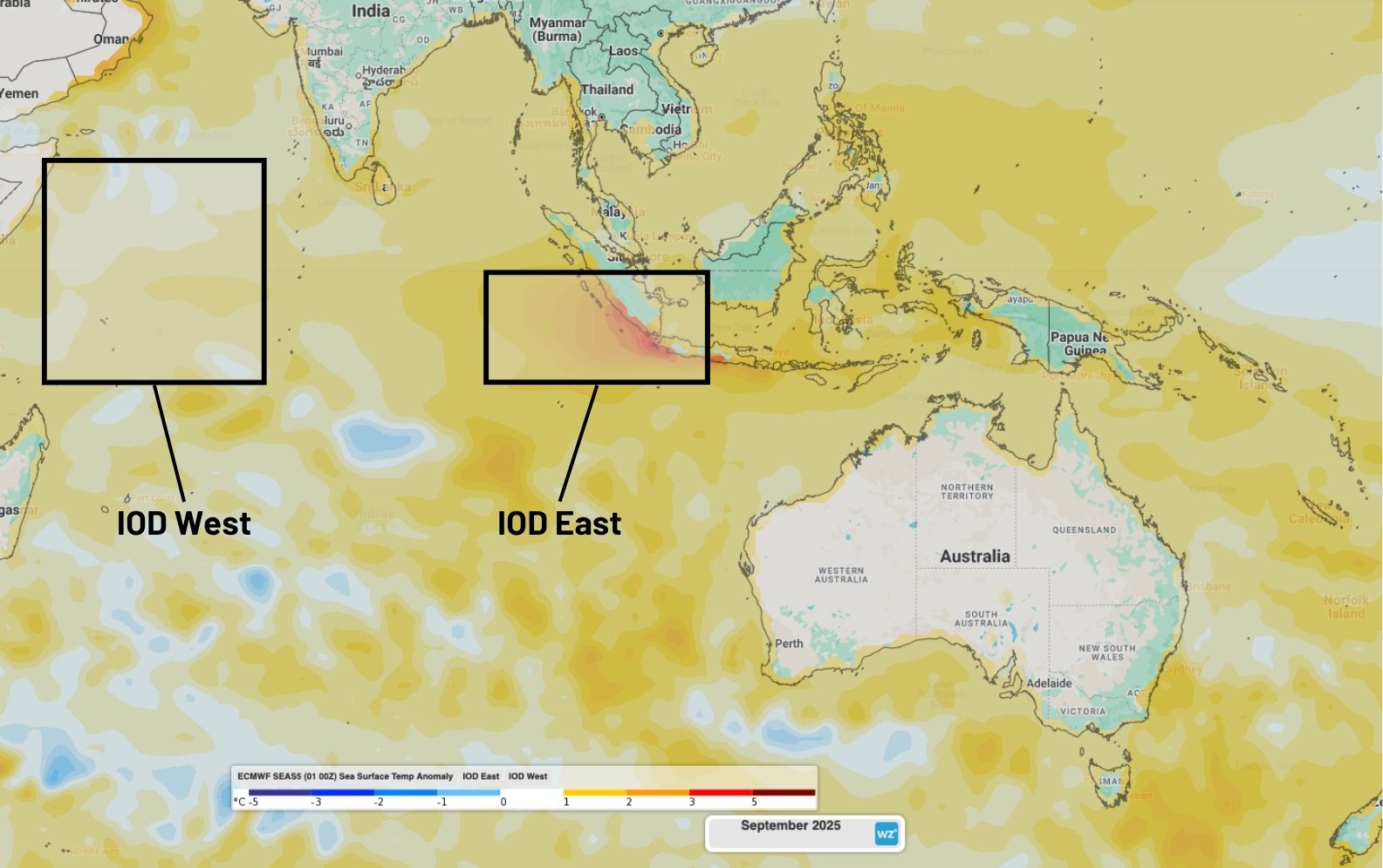Forecast SST anomalies across the Indian Ocean for September 2025.