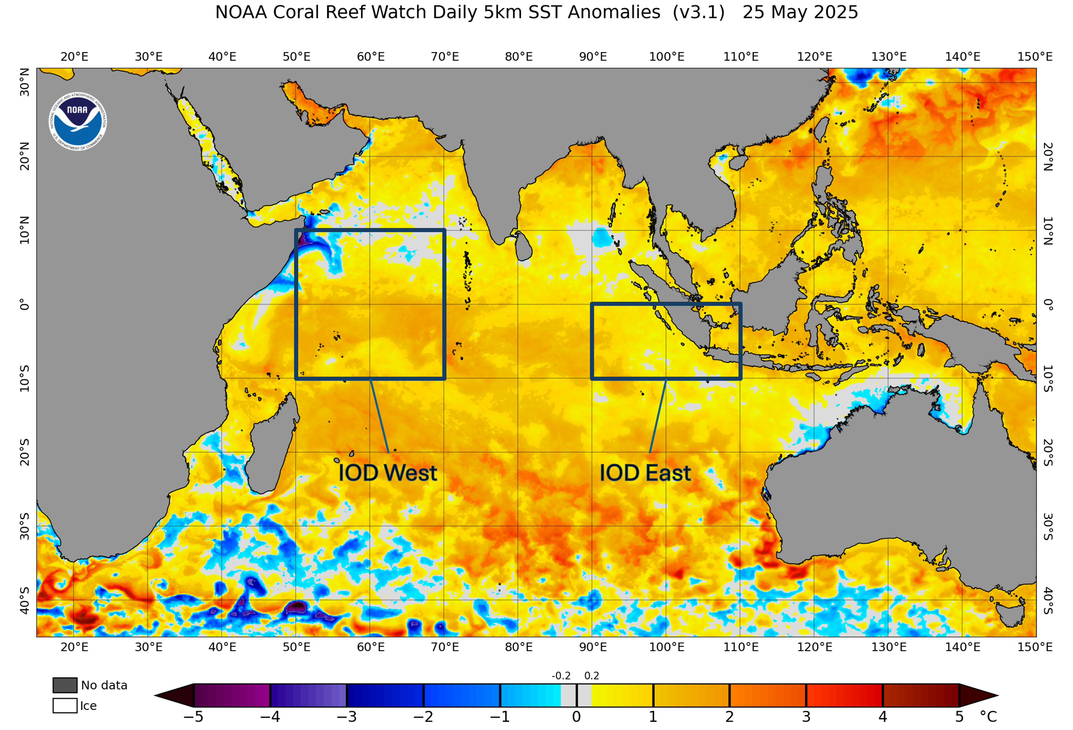Image: Sea surface temperature anomalies across the Indian Ocean and the IOD monitoring regions on May 25, 2025. Source: NOAA