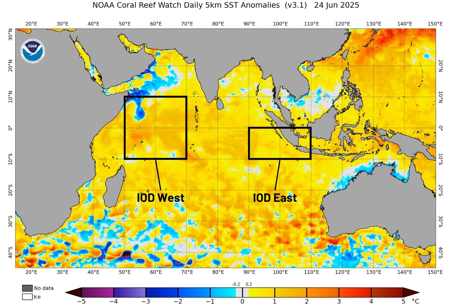 Sea surface temperature anomalies across the Indian Ocean and the IOD monitoring regions on June 24, 2025. Source: NOAA