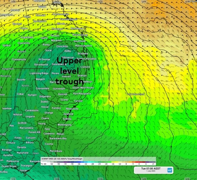 Upper level trough located over the Great Dividing Range on Tuesday, July 1, according to ECMWF.