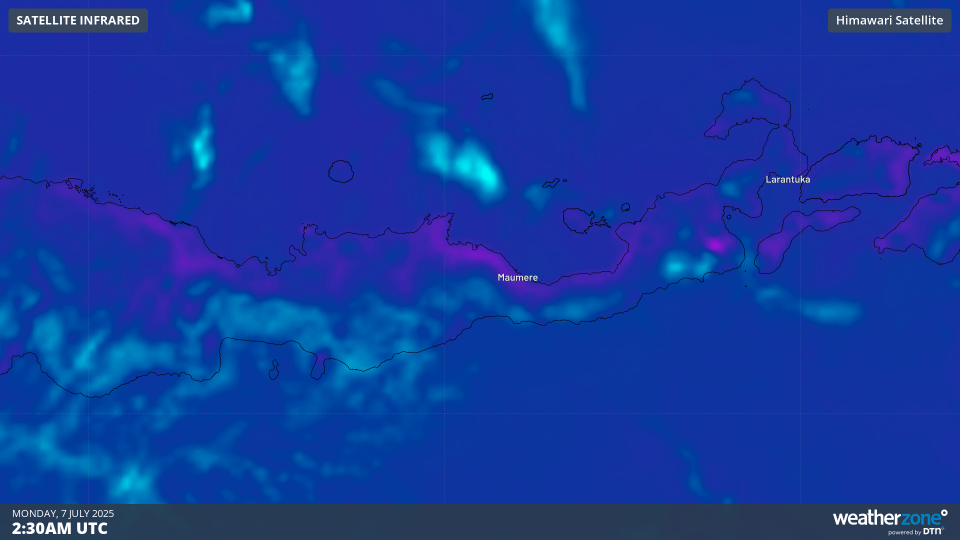 Volcanic ash plume visible on enhanced infrared satellite imagery on Monday, July 7, 2025.
