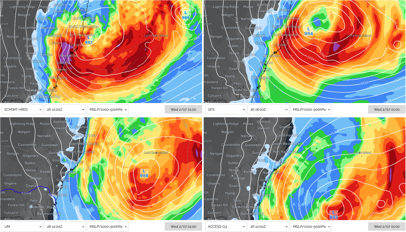 MSLP and 24-hour rainfall accumulation at 1am on Wednesday, July 2, 2025, according to ECMWF (top left), GFS (top right), UKMO (bottom left) and ACCESS-G (bottom right).