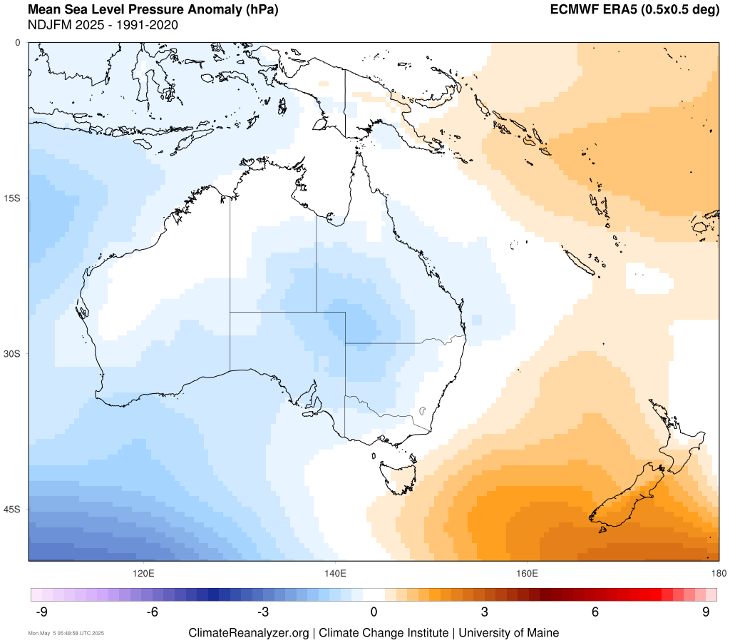 Image: Mean sea level pressure anomalies between November 2024 and March 2025. Source: ClimateReanalyzer