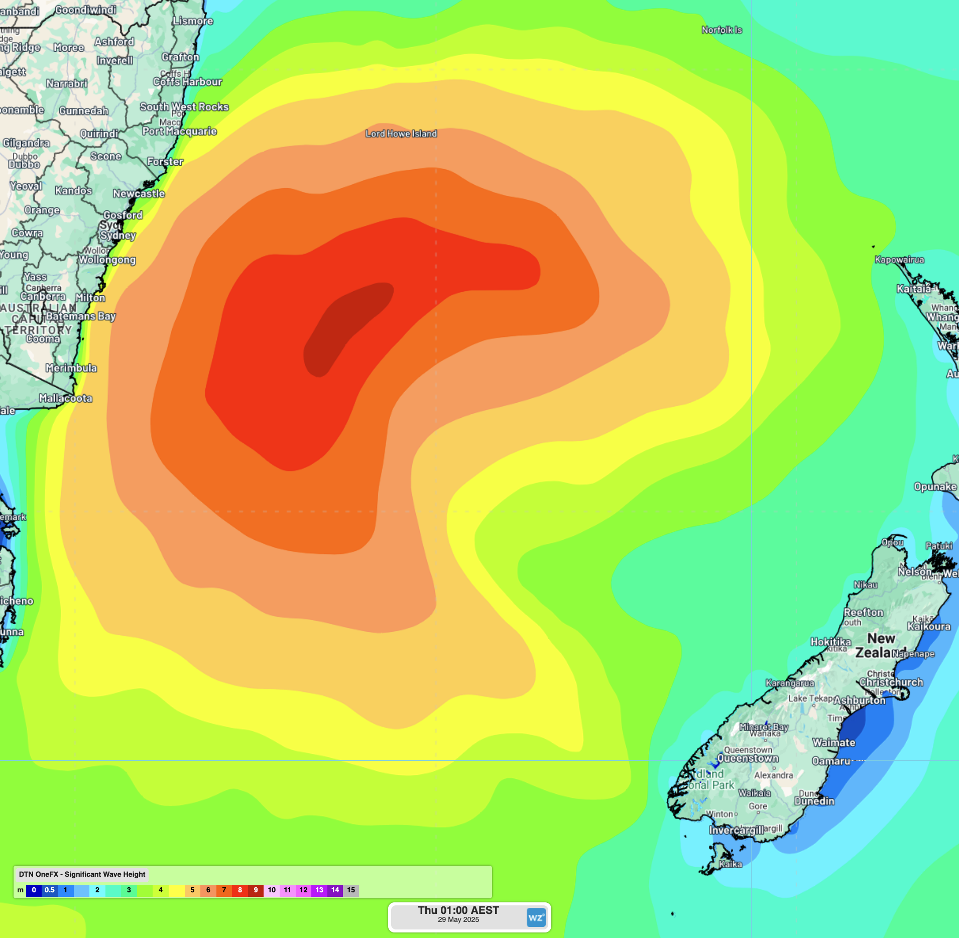 Image: OneFX significant wave height forecast for early morning on Thursday, May 29.