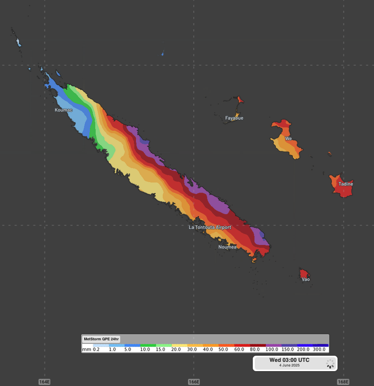 Image: DTN MetStorm QPE showing estimated observed rainfall over New Caledonia during the 24 hours ending at 2pm NCT on Wednesday, June 4, 2025. Source: Weatherzone / DTN