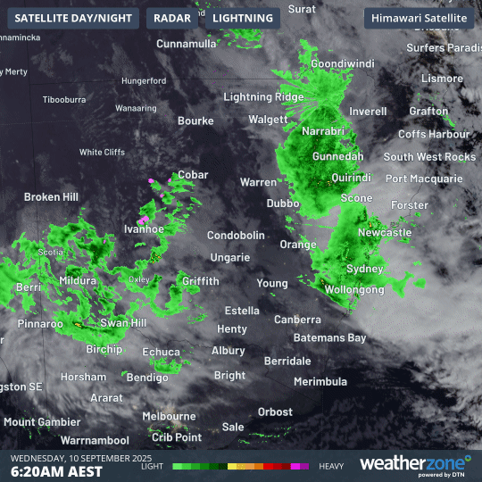 Combined radar and satellite imagery showing rain and thunderstorms (pink blobs) moving over NSW on Wednesday, September 10, 2025.