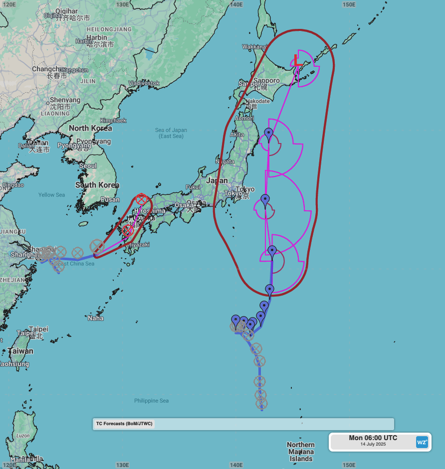 Forecast track of Tropical Storm Nari with areas of gales (above 34 knots) and the forecast position uncertainty as seen on the DTN APAC Stormtracker dashboard.