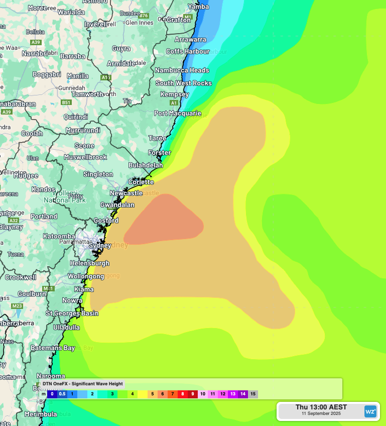 OneFX forecast significant wave height at 1pm AEST on Thursday, September 11, 2025.