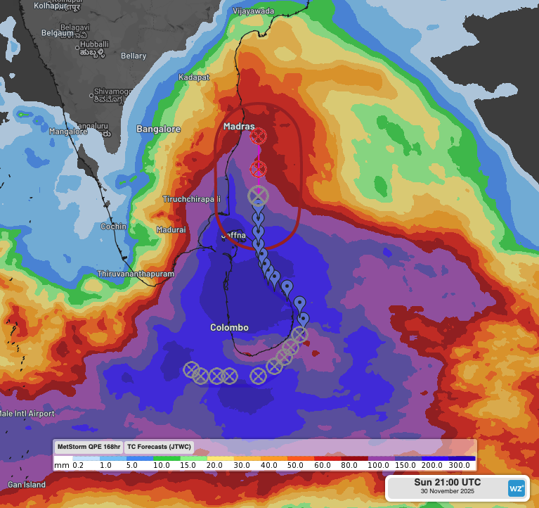 Quantitative Precipitation Estimates (QPE) across Sri Lanka and southern India in the week to 2:30am local time on Monday, December 1, 2025, along with Tropical Cyclone Ditwah’s past and future track.