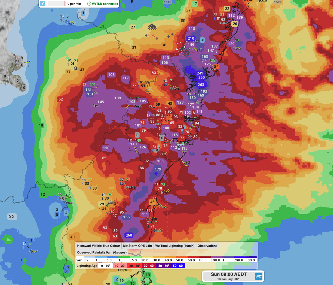 Estimated 24-hour rainfall accumulations and rain gauge observations since 9am on Saturday across the Greater Sydney Metropolitan region.