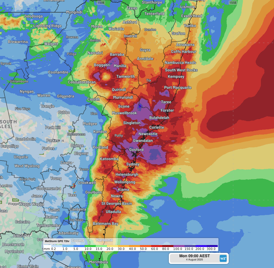 DTN's Quantitative Precipitation Estimate (QPE) of 3-day rainfall to 9am AEST on Monday, August 4, 2025.